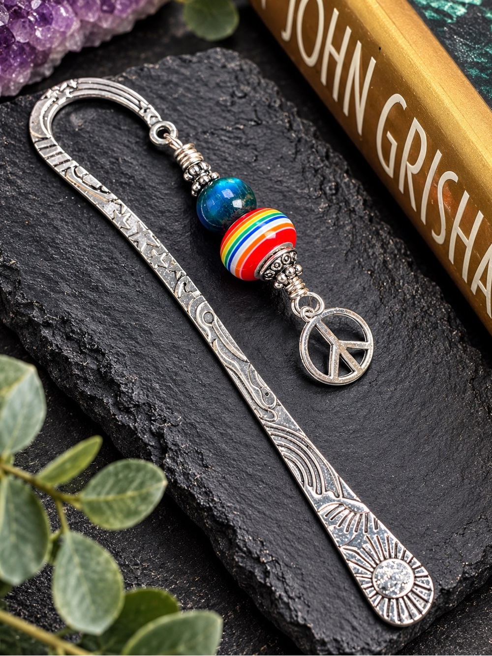 Artisan Silver Rainbow Bead Peace Charm Bookmark